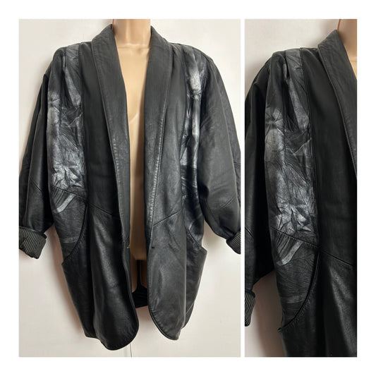 Vintage 1980s CABRINI Up To Size 14 Black & Silver Pattern Open Fronted Leather Jacket