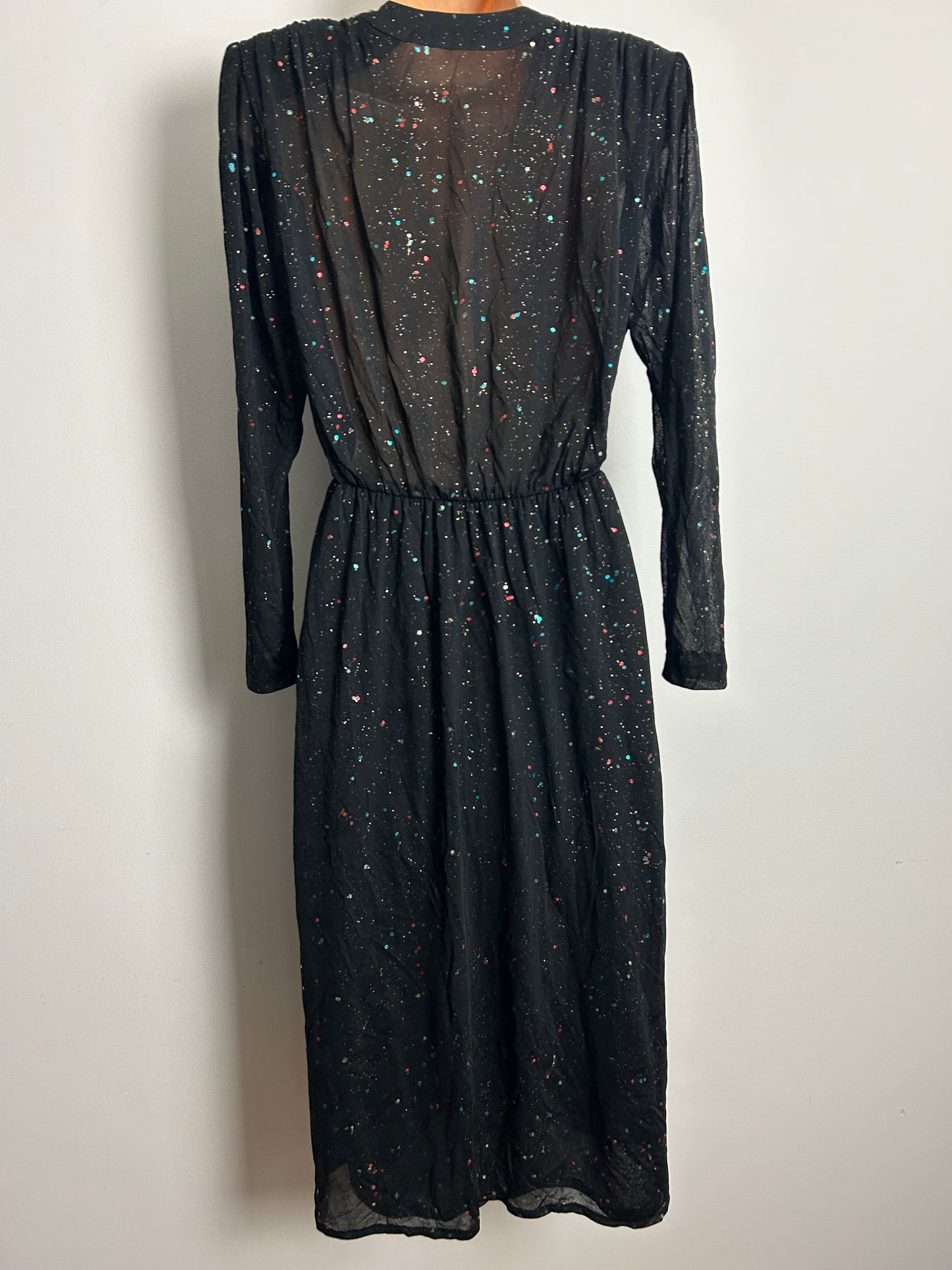 Vintage 1980s Size 10-12 Black Gold Glitter & Sequin Detail Midi Party Dress