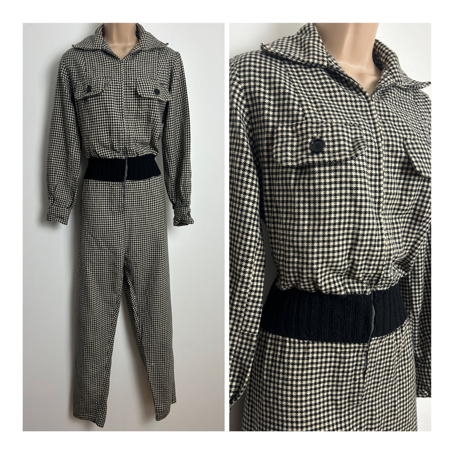 Vintage 1980s Size 12 Black & Beige Dogtooth Check Wool Mix Zip Front Long Sleeve Jumpsuit