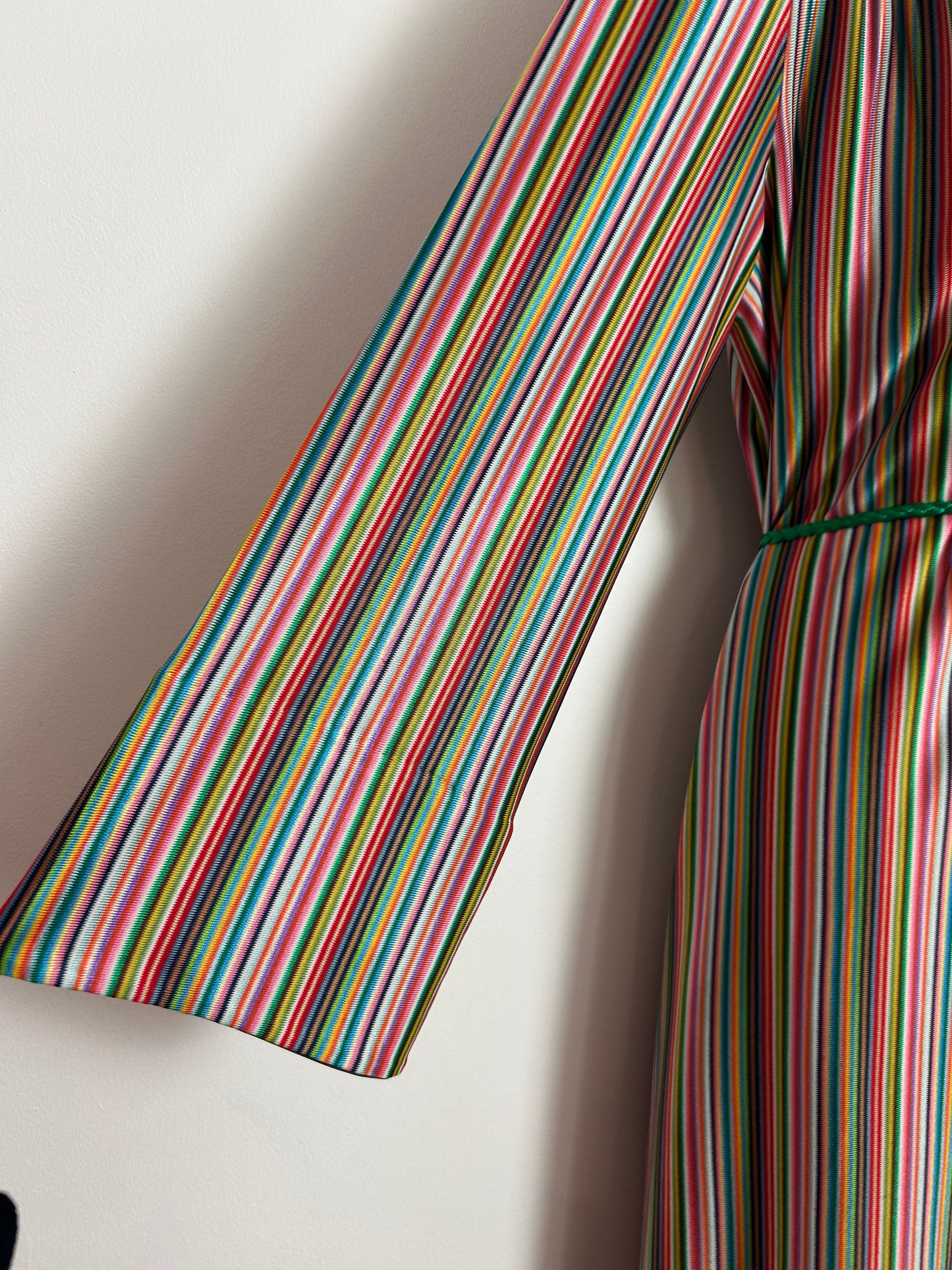 Vintage 1970s Up To Size 16 ST MICHAEL Green Pink Red Yellow Stripe Print Dagger Collar Kaftan Maxi Dress