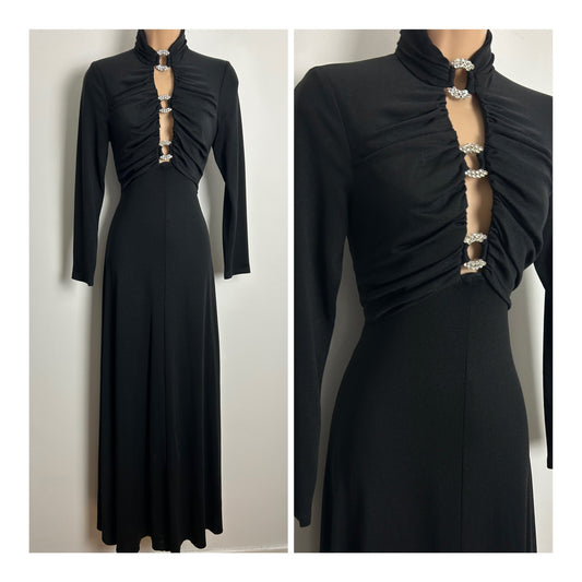 Vintage 1970s JOHN MARKS Size 10 Black Diamante Detailing Open Front Occasion Evening Maxi Dress