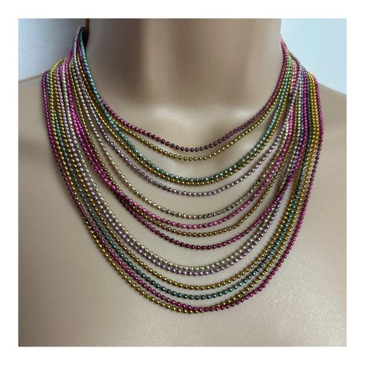 Vintage 1960s Gorgeous Multistrand Pink Blue Silver & Gold Microbead Necklace