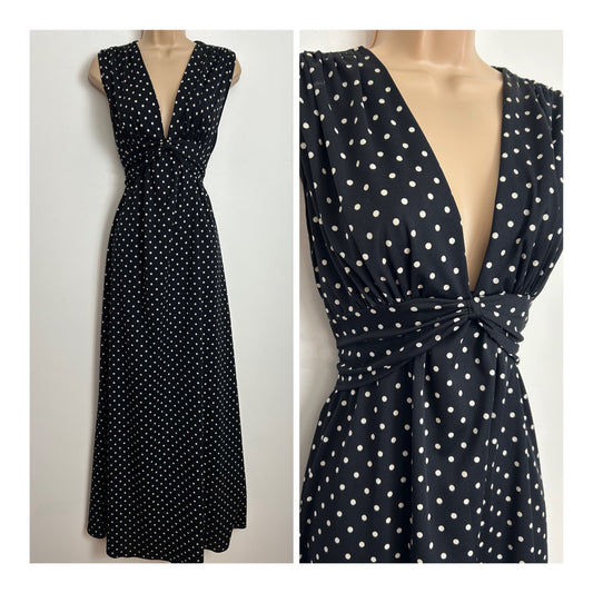 Vintage 1970s Size 10-12 Black & White Polka Dot Print Sleeveless Ruched Waistband Maxi Dress