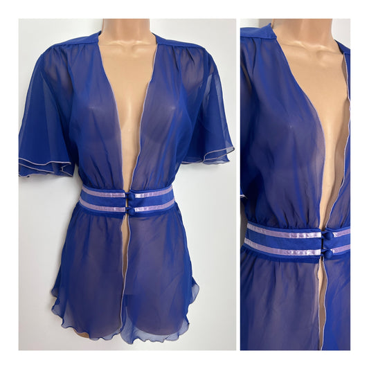 Vintage 1970s MR DARREN Size 8 Purple Georgette Short Flared Sleeve Ribbon Trim Blouse
