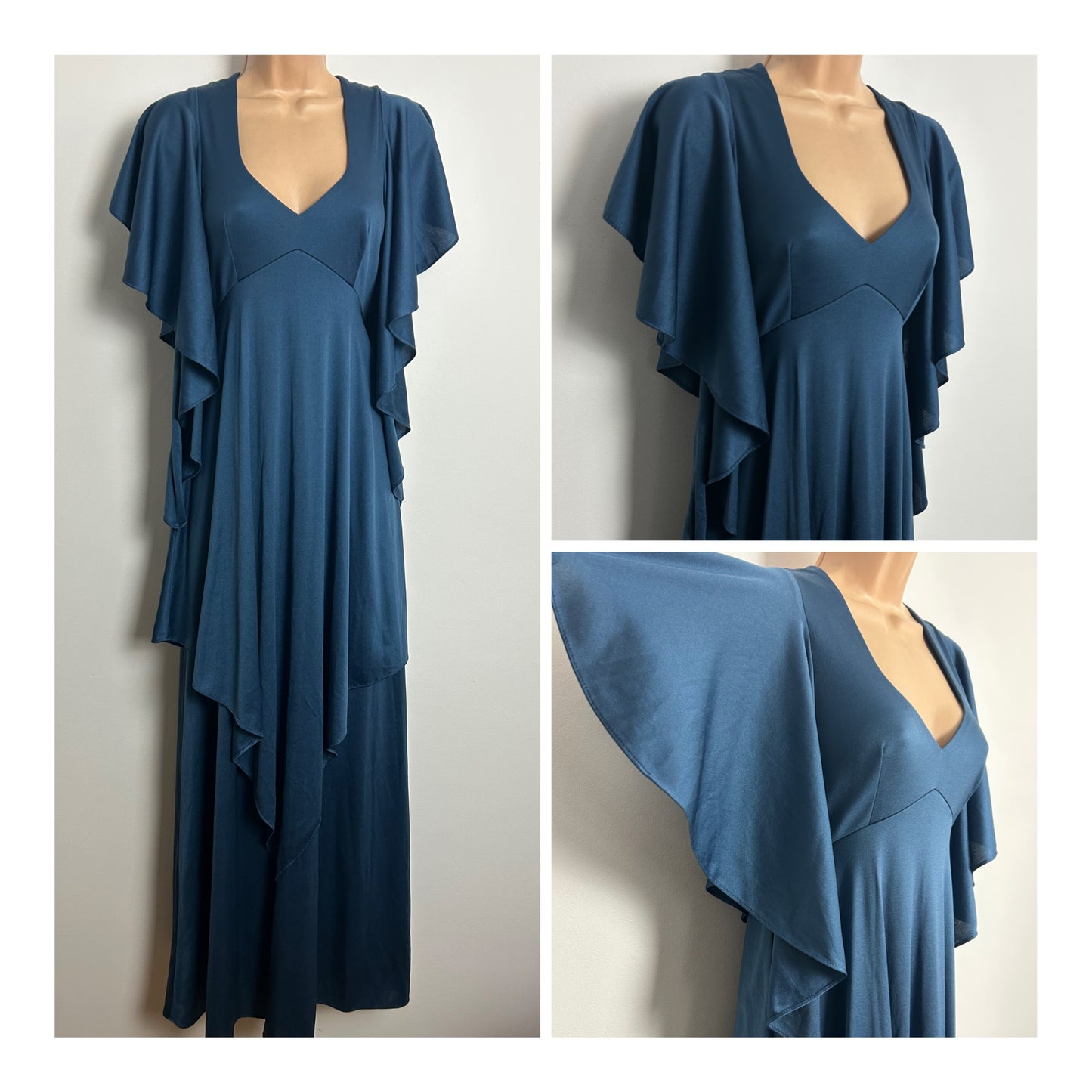 Vintage 1970s MR DARREN Size 8-10 Midnight Dusky Blue Frill Floaty Sleeve Double Layered Maxi Dress