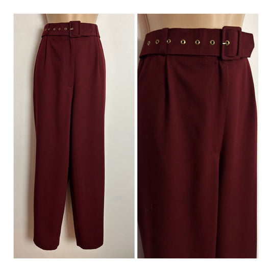 Vintage 1980s UK Size 12 Burgundy Straight Leg Wool Mix Trousers