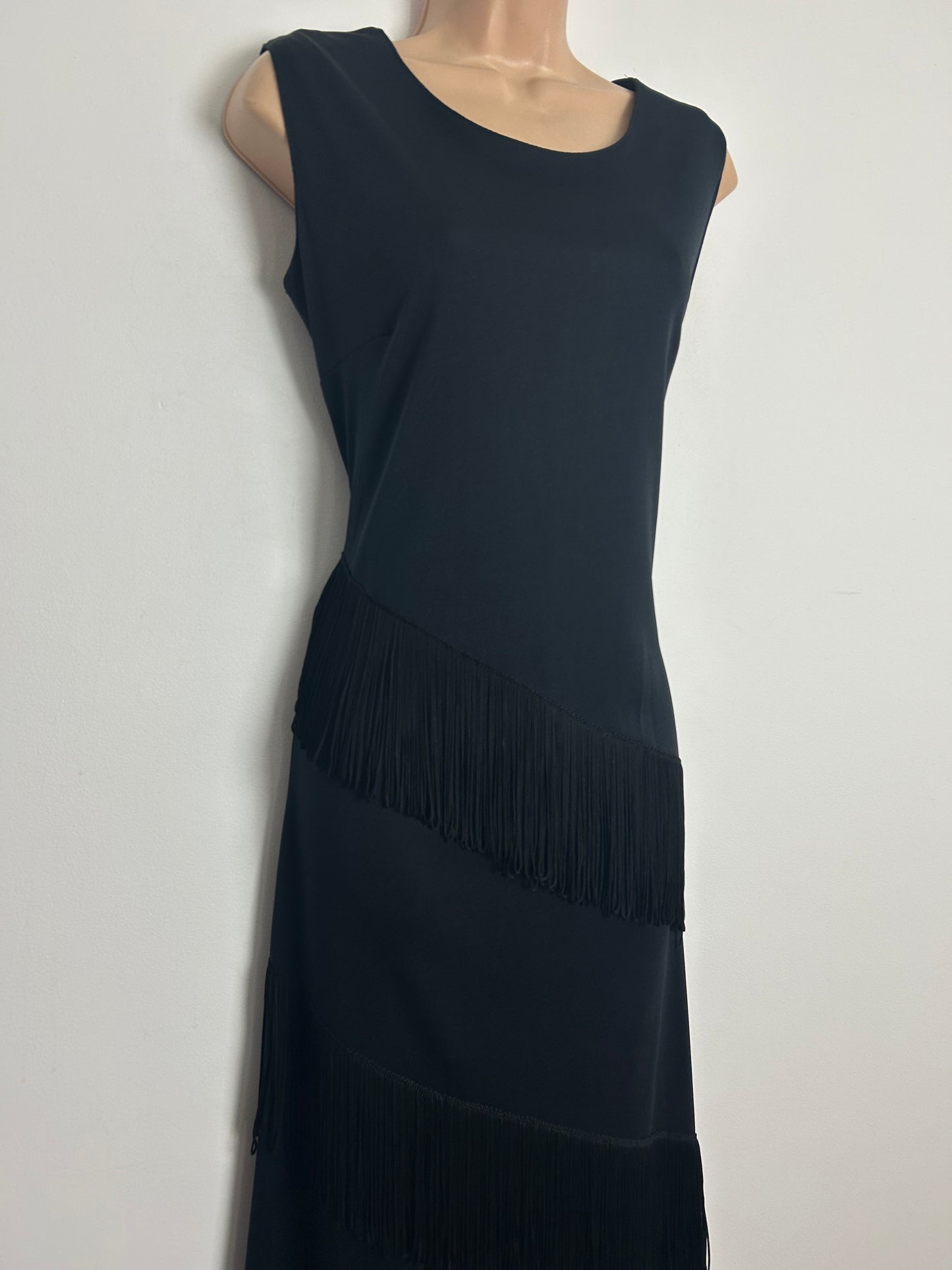 Vintage 1970s Size 12 Black Sleeveless Fringe Tassel Detail Evening Occasion Maxi Dress