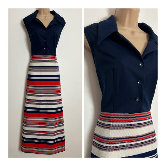Vintage 1970s DANDI BY BERKERTEX UK Size 14 Navy Blue Red Beige & White Stripe Print Maxi Dress