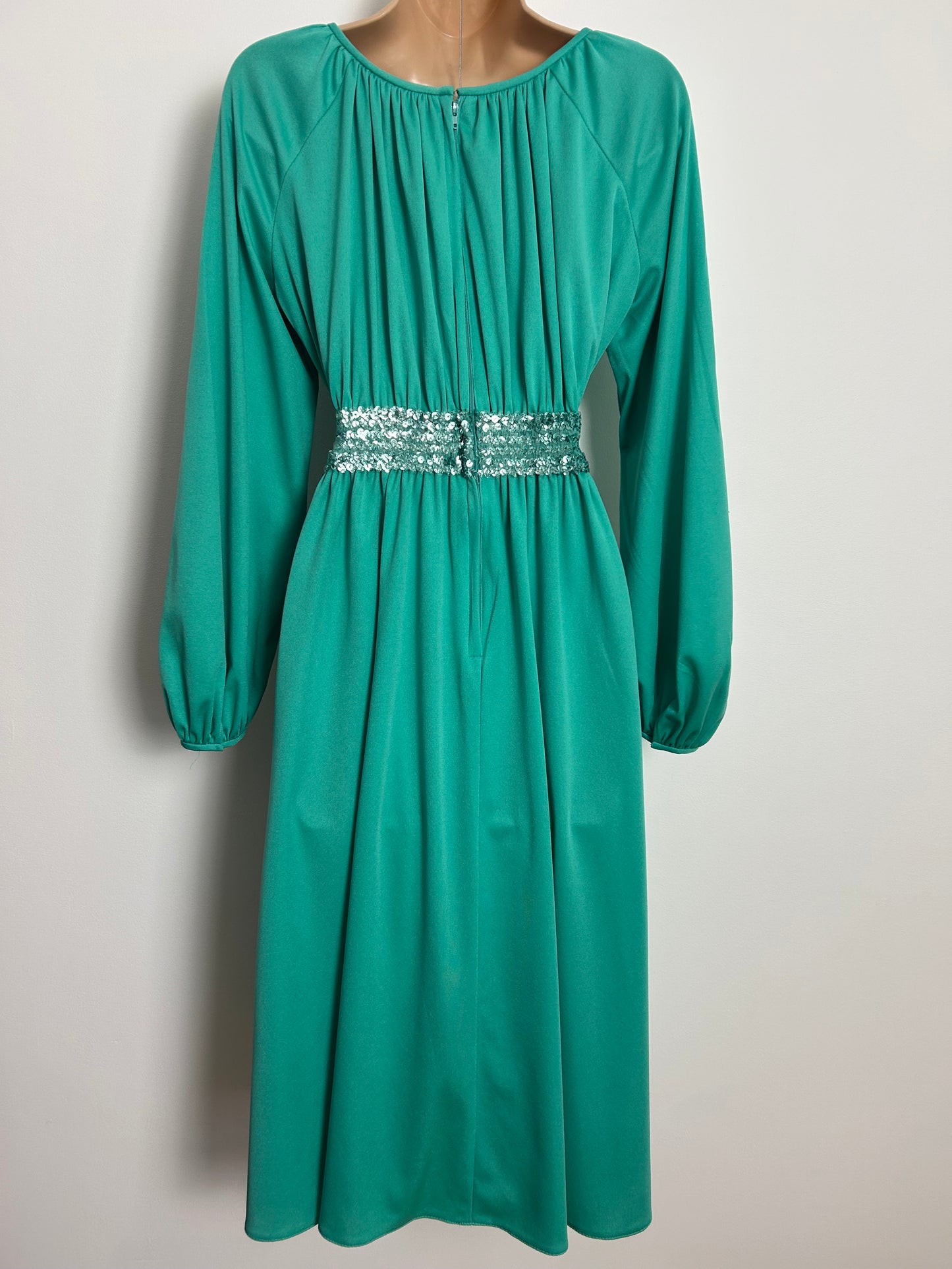 Vintage 1970s TRINA LEWIS UK Size 10 Jade Green Long Sleeve Sequin Waist Detail Long Sleeve Midi Occasion Dress