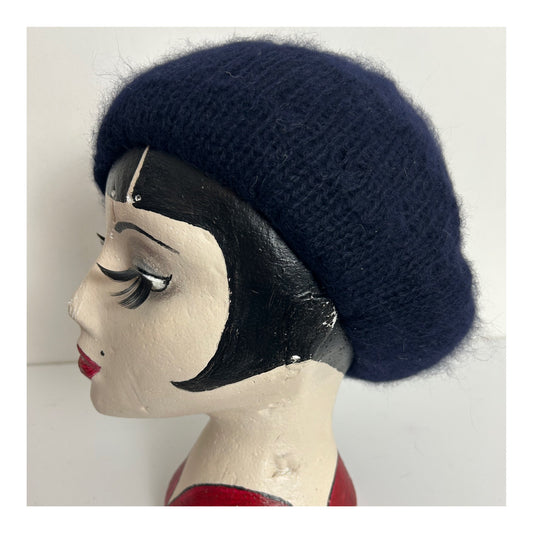 Vintage Navy Blue Angora Mix Chunky Knit Beret/Beanie Style Hat