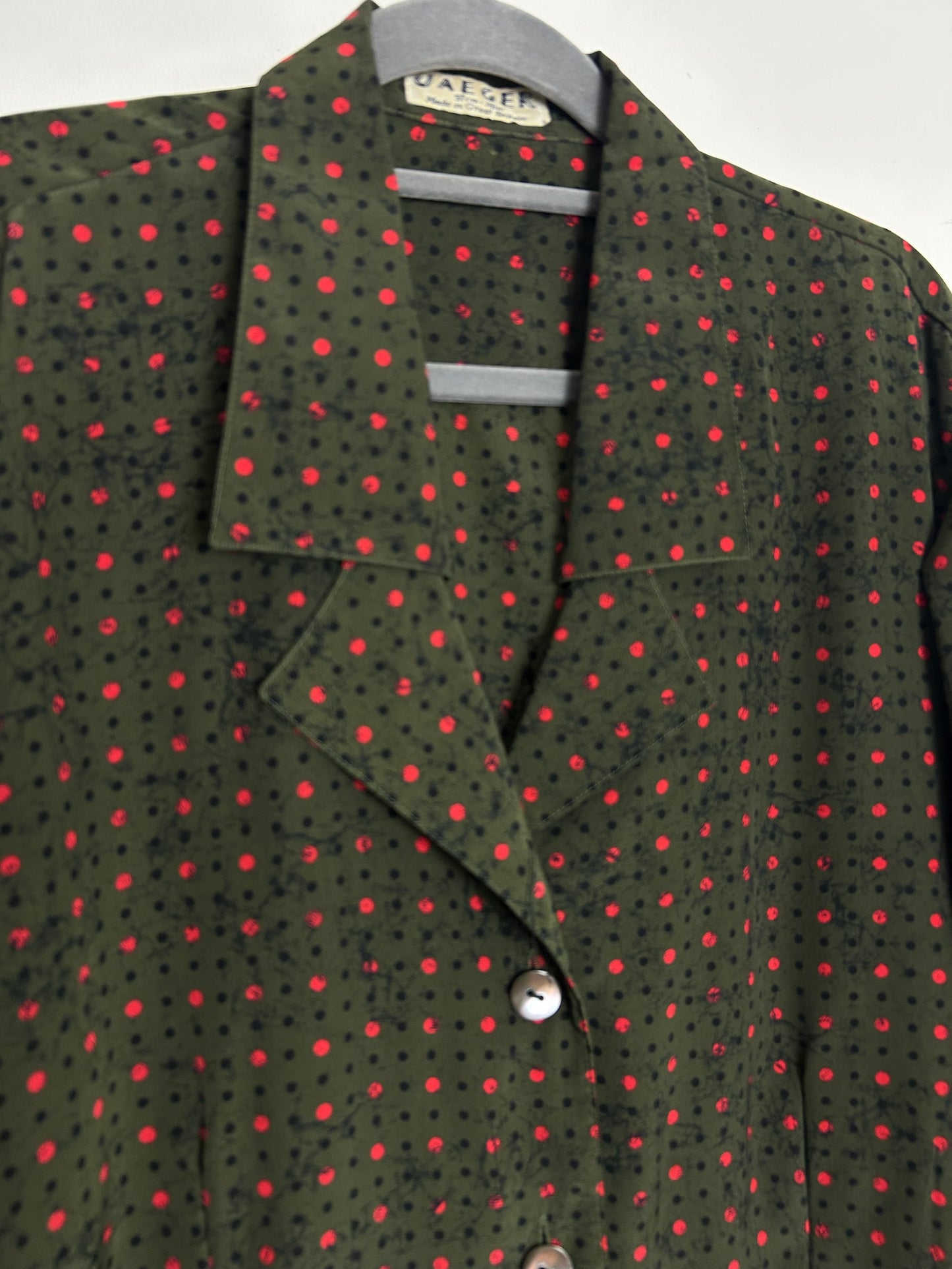 Vintage 1970s JAEGER Size 14 Dark Green Red & Black Polka Dot Print Long Sleeve Blouse/Top