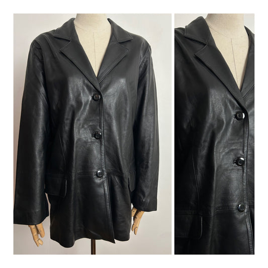 Vintage 1980s UK Size 14-16 Black Supple Leather Blazer Style Fully Lined Jacket