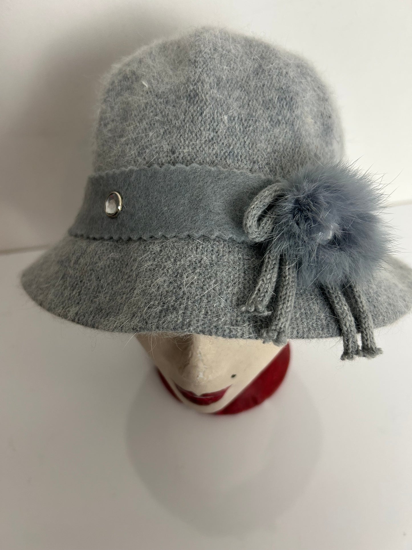 Vintage Grey Angora & Wool Mix Diamante & Felt Trim Trilby Style Hat