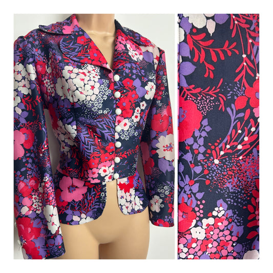 Vintage 1970s Size 12 Red Purple Pink & White Floral Print Peplum Long Sleeve Shirt/Top