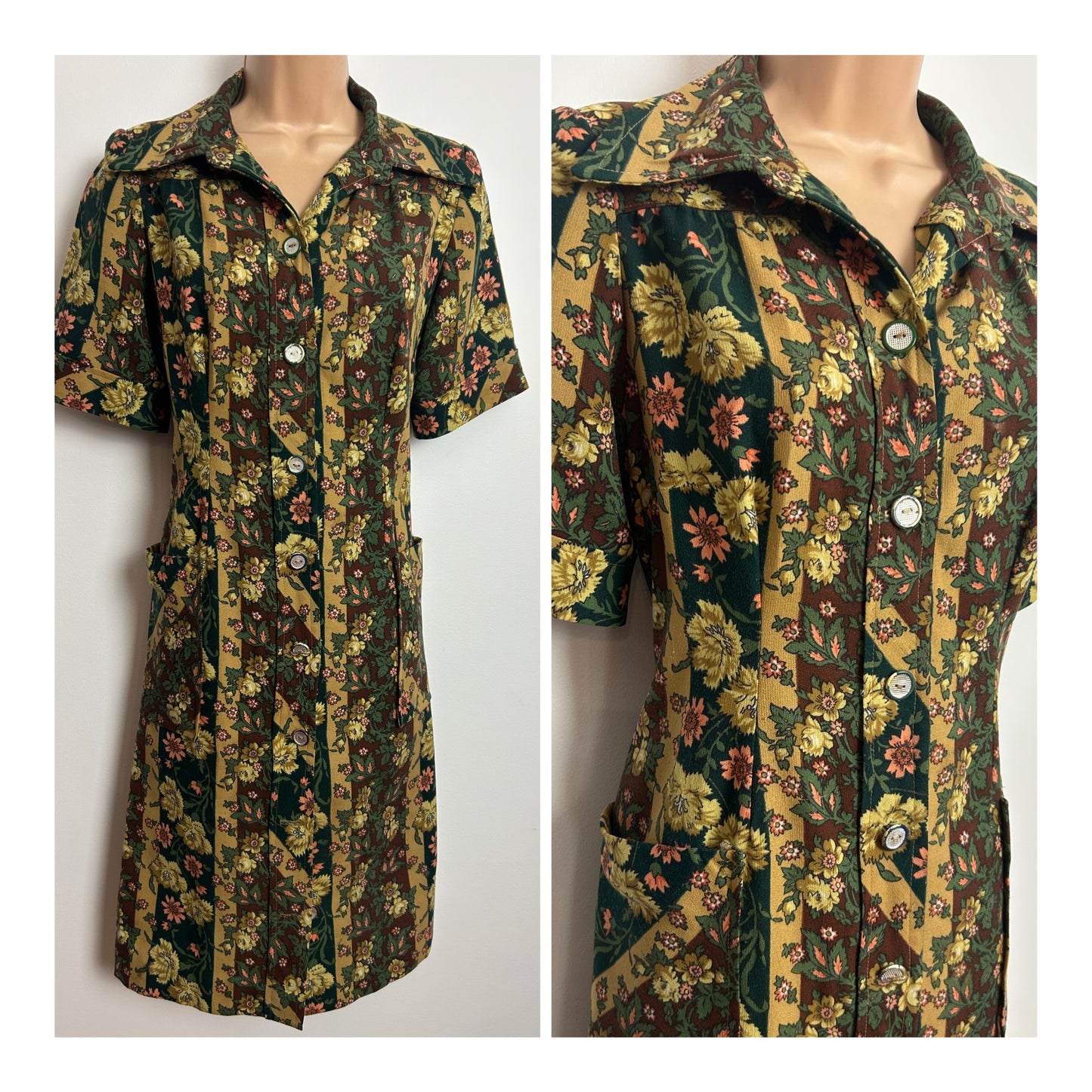 Vintage 1970s 12 Brown Beige & Green Stripe & Floral Print Mod Shift Dress