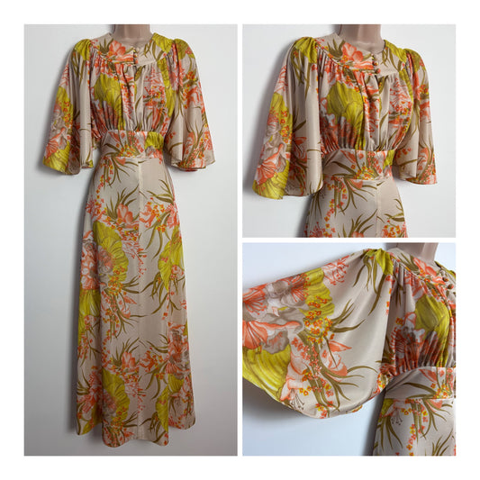 Vintage 1970s UK Size 6-8 Beige Orange & Yellowy Green Floral Print Short Flared Sleeve Boho Maxi Dress