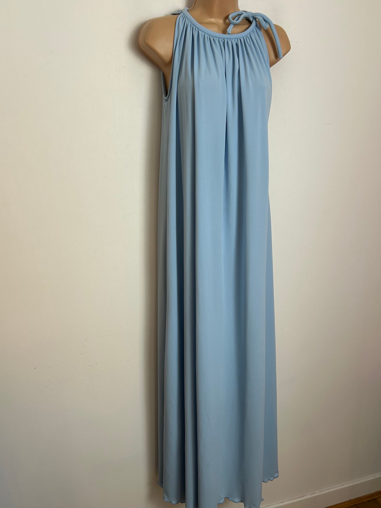 Vintage 1970s PETER BARRON Size 10 Powder Blue Tie Neck Trapeze Style Occasion Maxi Dress