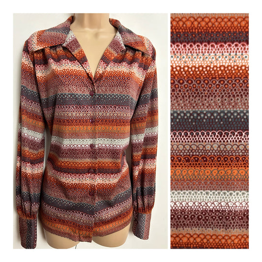 Vintage 1970s KARTING UK Size 16 Dark Reds Petrol Blue & Rusty Orange Abstract Print Long Sleeve Shirt