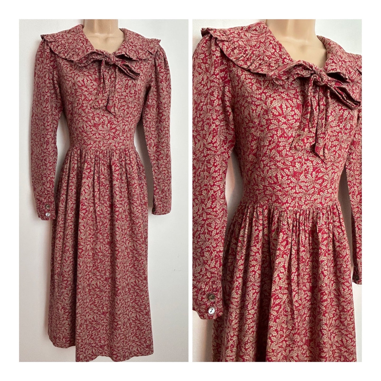 Vintage Early 1980s LAURA ASHLEY UK Size 8-10 (Labelled UK 10) Dark Red & Beige Leaf Print Tie Collar Wool Mix Day Dress