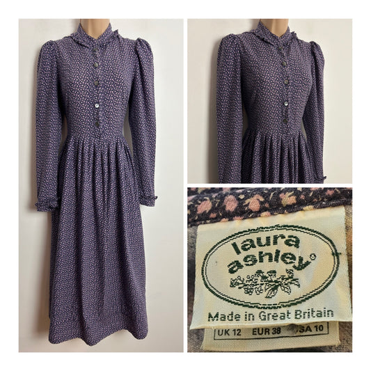 Vintage 1980s LAURA ASHLEY UK Size 8 (UK Size 12 On Label) Purple & Pink Floral Print Cotton Cottage Core Dress 8