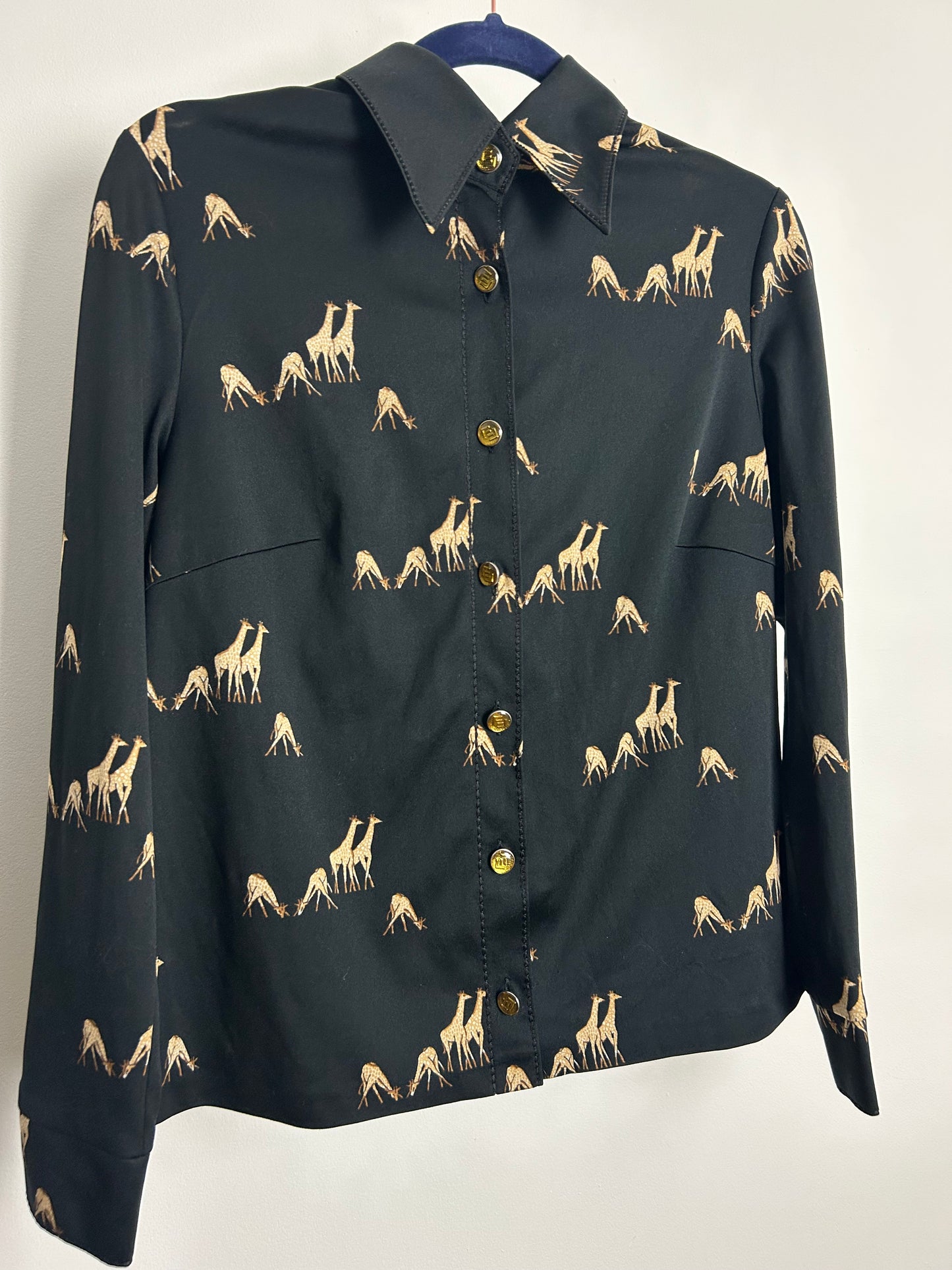 Vintage 1970s Size 14 Black & Beige Giraffe Novelty Print Long Sleeve Shirt