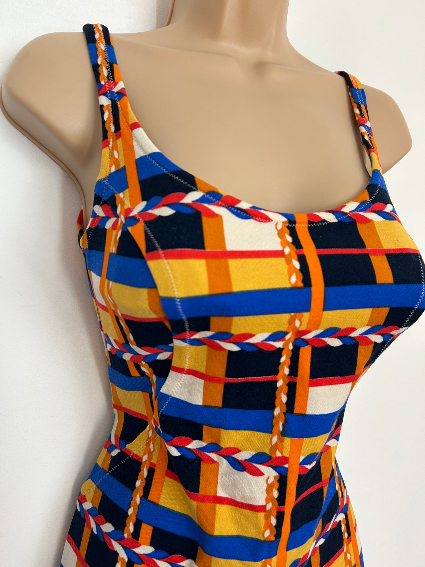 Vintage Late 1960s/Early 1970s FRIOLA UK Approx Size 12 Orange Blue Yellow & Black Check & Plait Print Swimsuit Bathing Costume