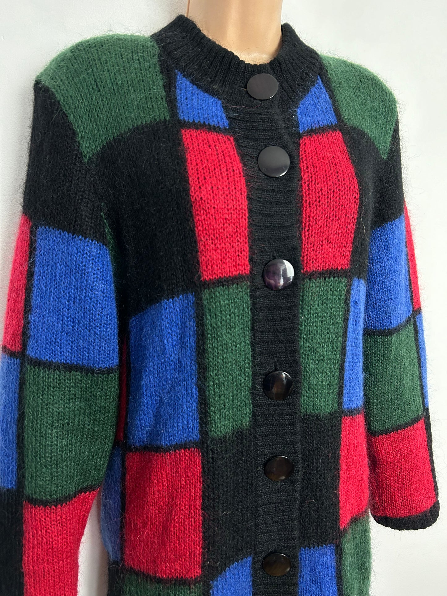 Vintage 1980s CINNAMON Up To Size 16 Black Red Green Blue Check 50% Mohair Longer Length Cardigan/Coatigan