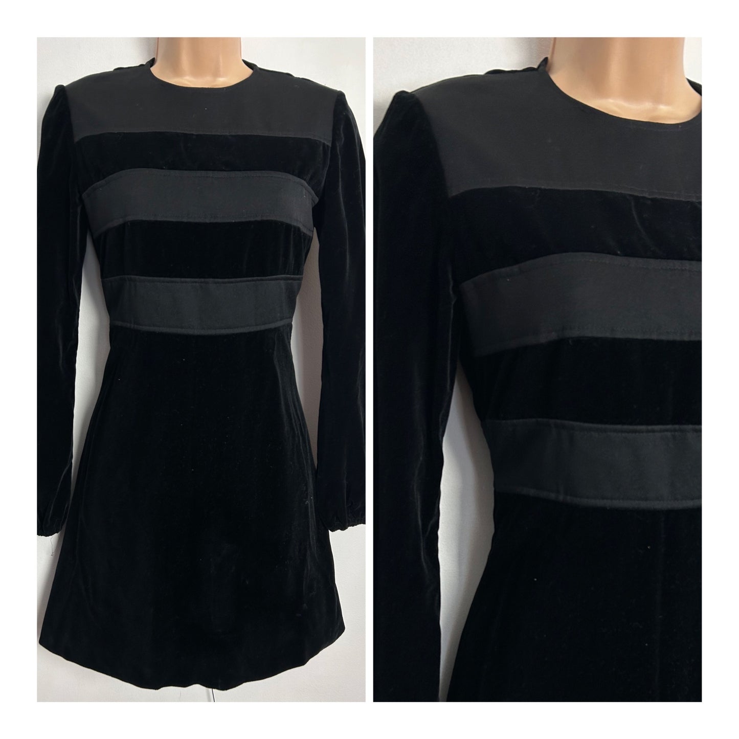 Vintage 1960s BETTY BARCLAY UK Size 6 Black Velvet Panel Detail Mini Mod Dress