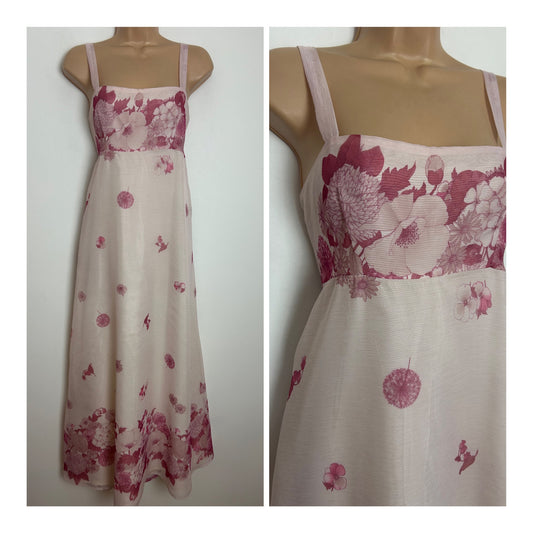 Vintage 1970s Size 10 Pretty White & Pink Floral Print Summer Maxi Dress
