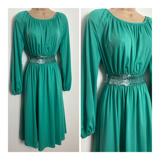 Vintage 1970s TRINA LEWIS UK Size 10 Jade Green Long Sleeve Sequin Waist Detail Long Sleeve Midi Occasion Dress