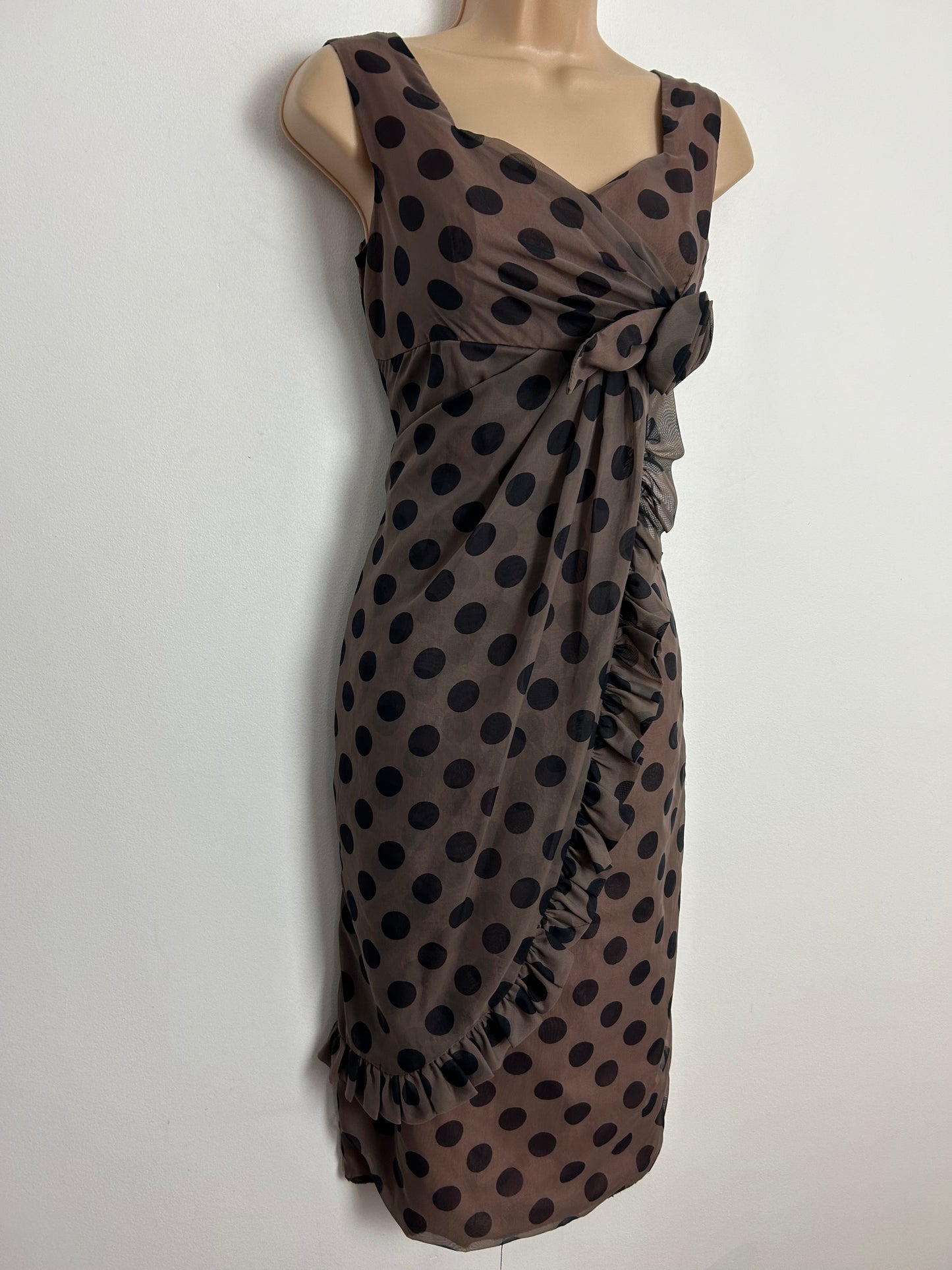 Vintage Early 1960s UK Size 8 Gorgeous Brown & Black Polka Dot Spot Print Mock Wrap Fitted Dress