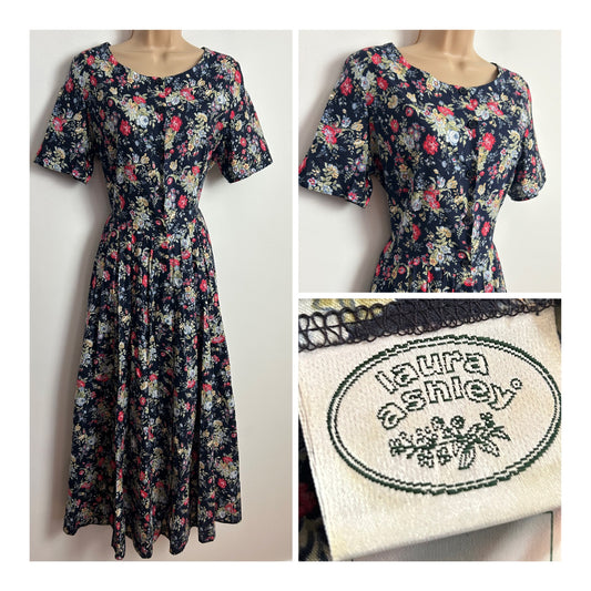 Vintage 1980s LAURA ASHLEY Size 16 (Size 16 On Label) Black Floral Print Cotton Pleated Tea Dress