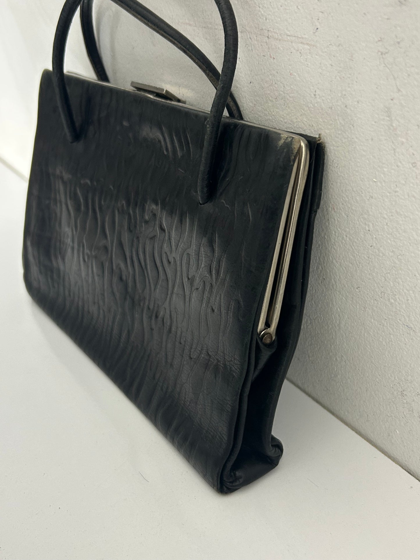 Vintage Early 1950s Small Black Embossed Kelly Style Handbag