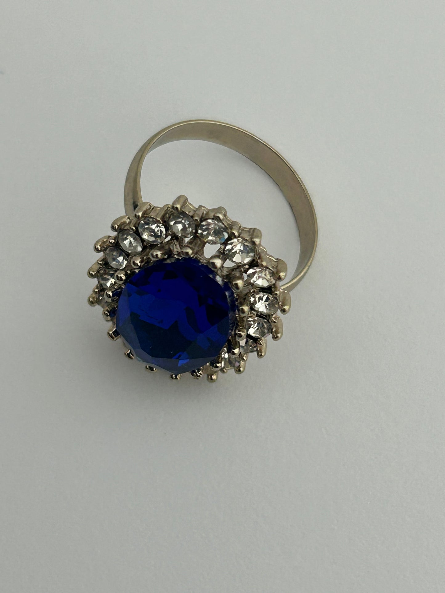 Vintage Blue Glass & Diamante Rhinestone Set Cocktail Ring Size P