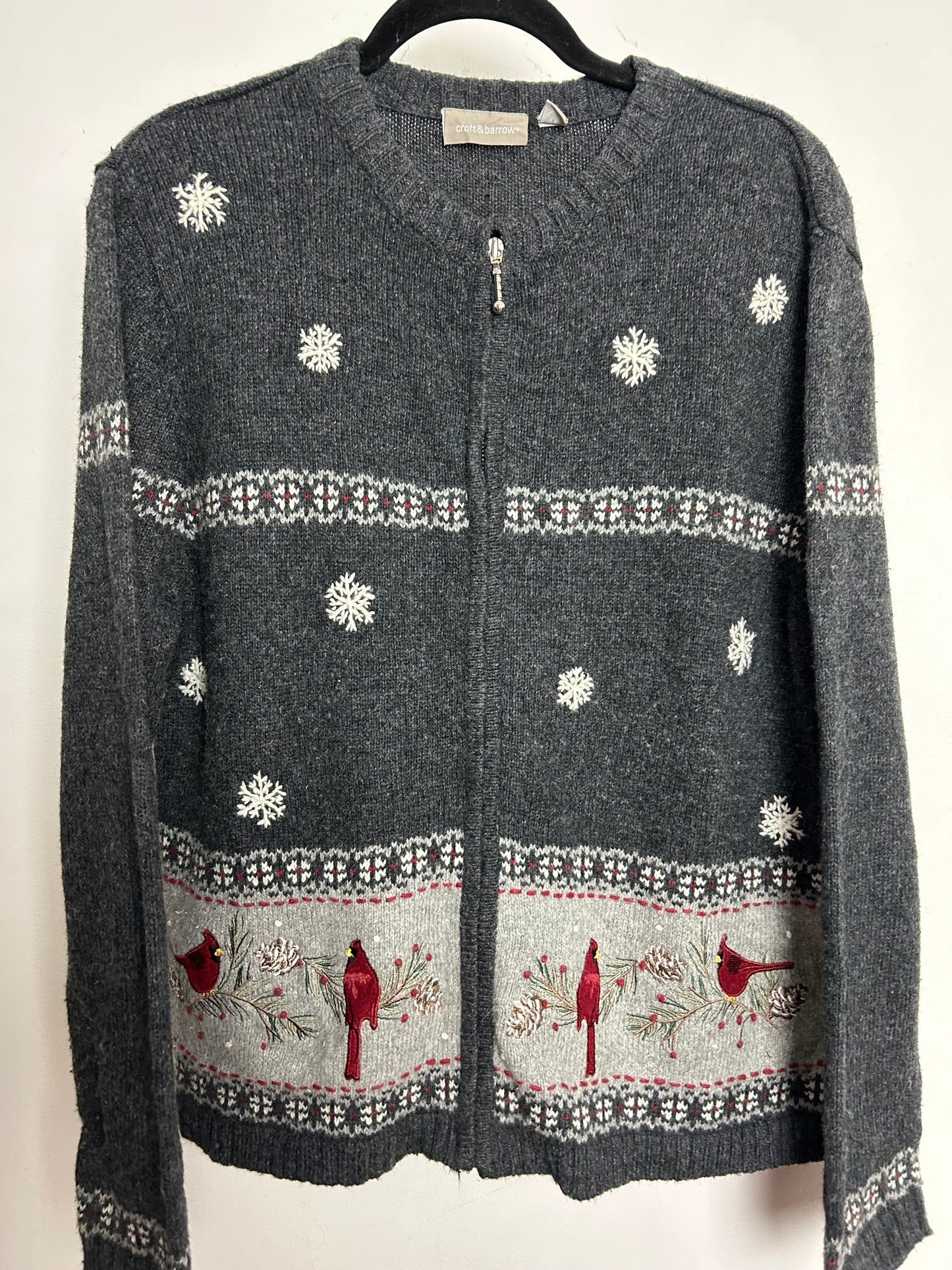 Vintage 1990s CROFT & BARROW Size 14-16 Dark Grey Snowflake & Bird Pattern Zip Up Ramie Mix Cardigan