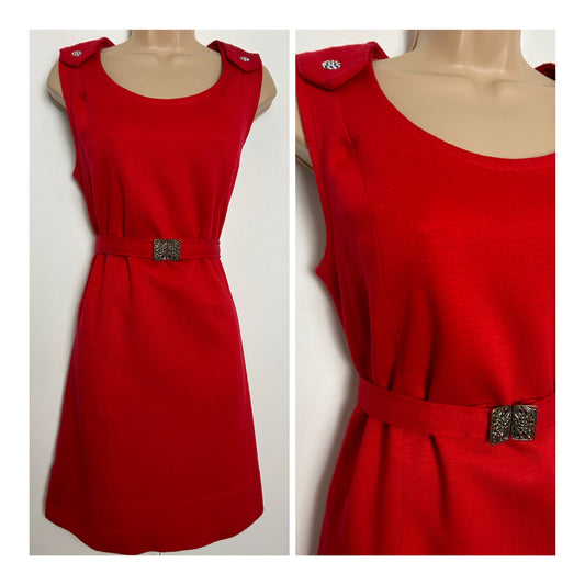 Vintage 1960s Size 12 Red Wool Jersey Sleeveless Belted Mod Dress