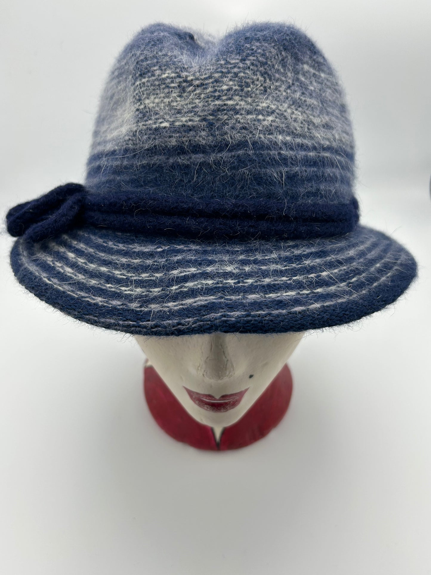 Vintage C&A Blue & White Stripe Angora  & Wool Mix Bow Detail Trilby Style Hat