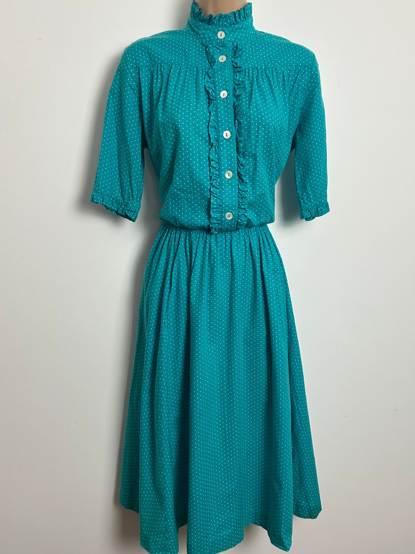 Vintage 1980s LAURA ASHLEY Size 10 Dark Turquoise & White Polka Dot Cotton Tea Dress