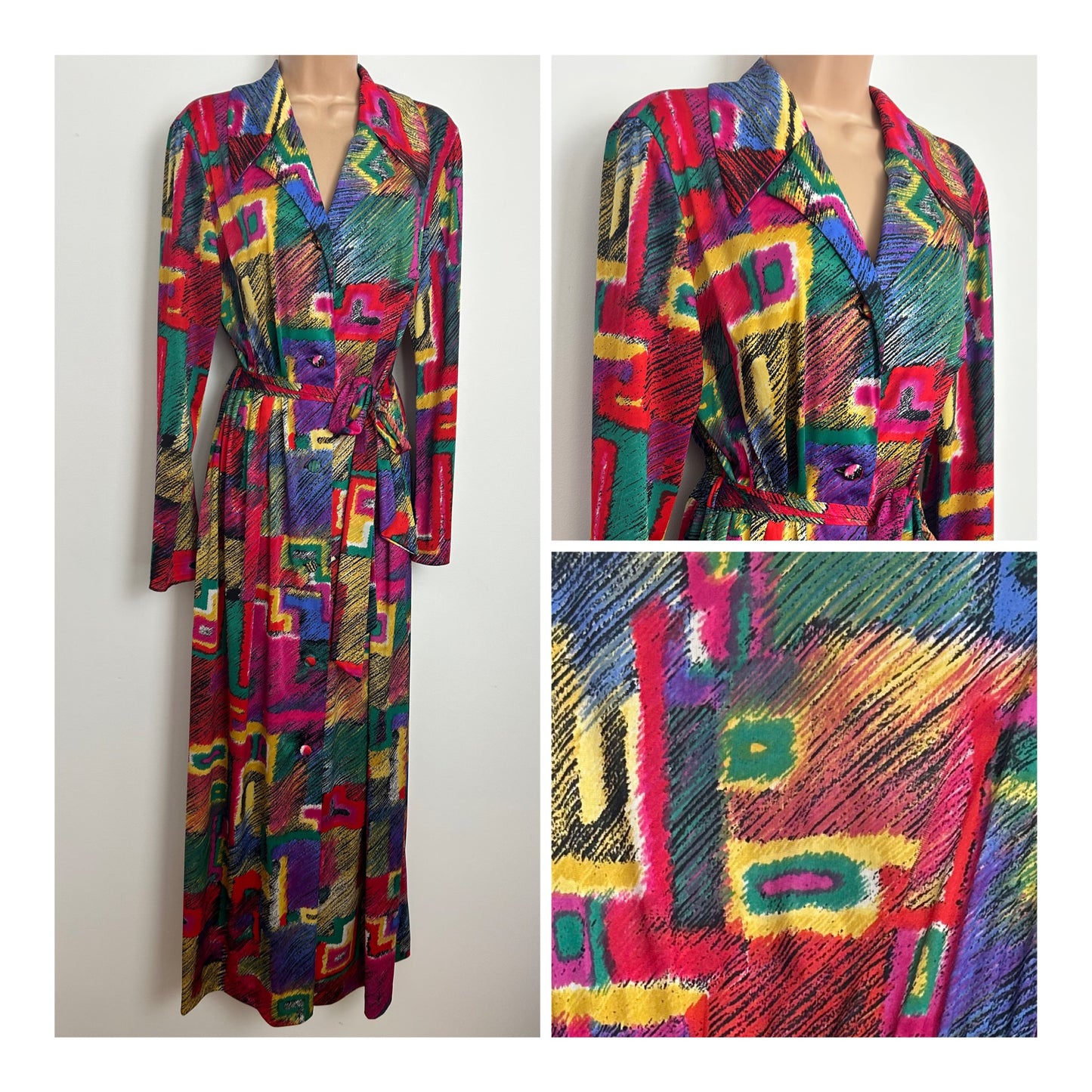 Vintage 1970s POMPADOUR Size 14-16 Multicolour Abstract Geo Square Print Dagger Collar Belted Maxi Dress