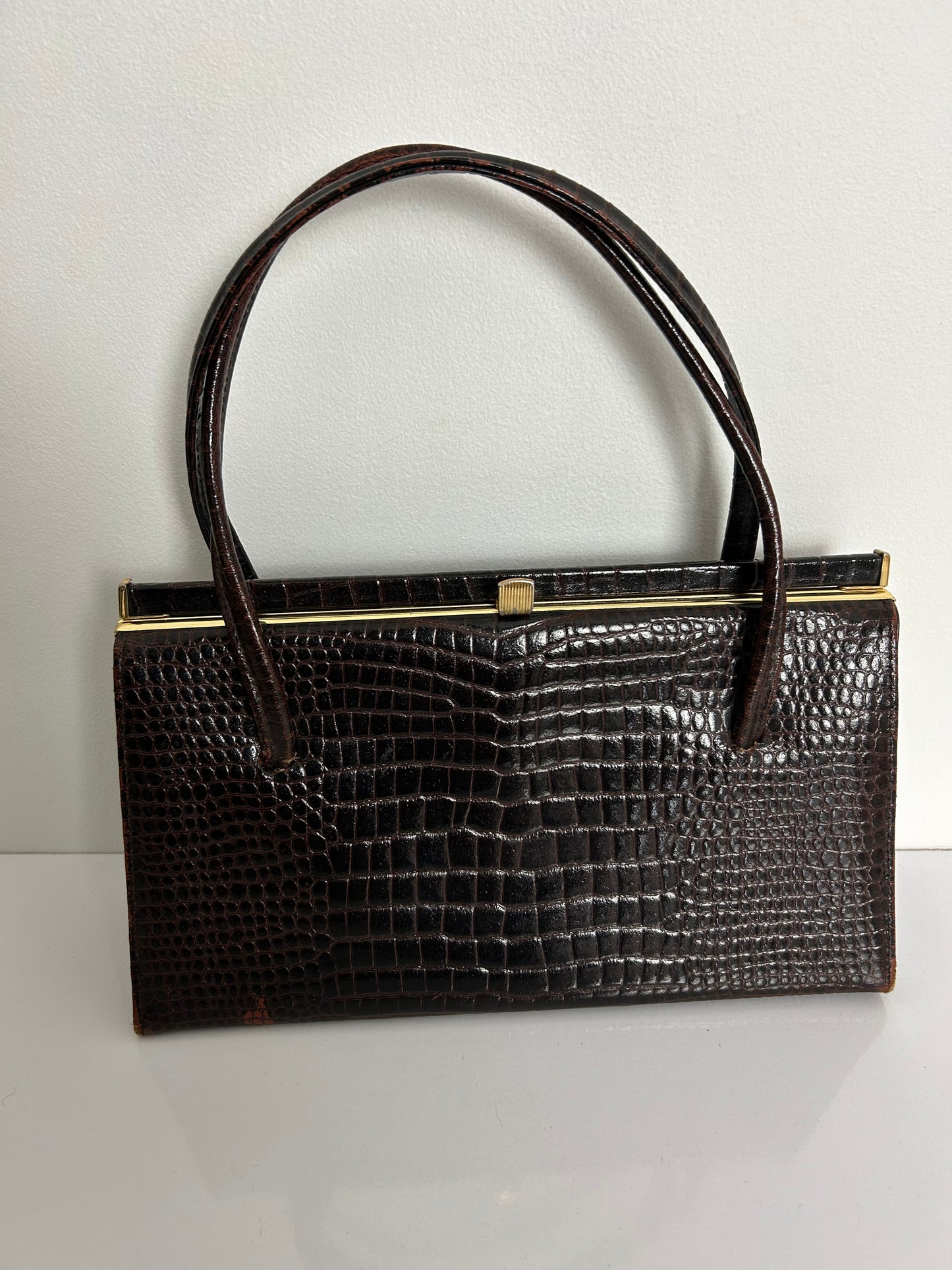Vintage 1950s Chocolate Brown Mock Reptile Leather Kelly Bag Handbag