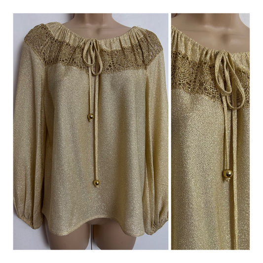 Vintage 1980s UK Size 14-16 Gold Lurex Crochet Panel Tie Neck Xmas Party Blouse