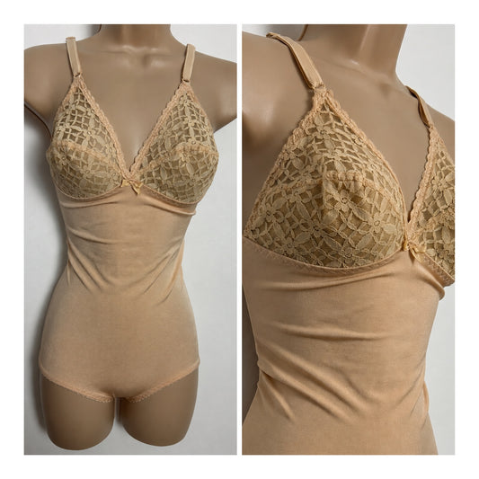 Vintage 1960s ST MICHAEL Size 32" Cup Nude Beige Lace Trim Corselette Medium Control Bodystocking