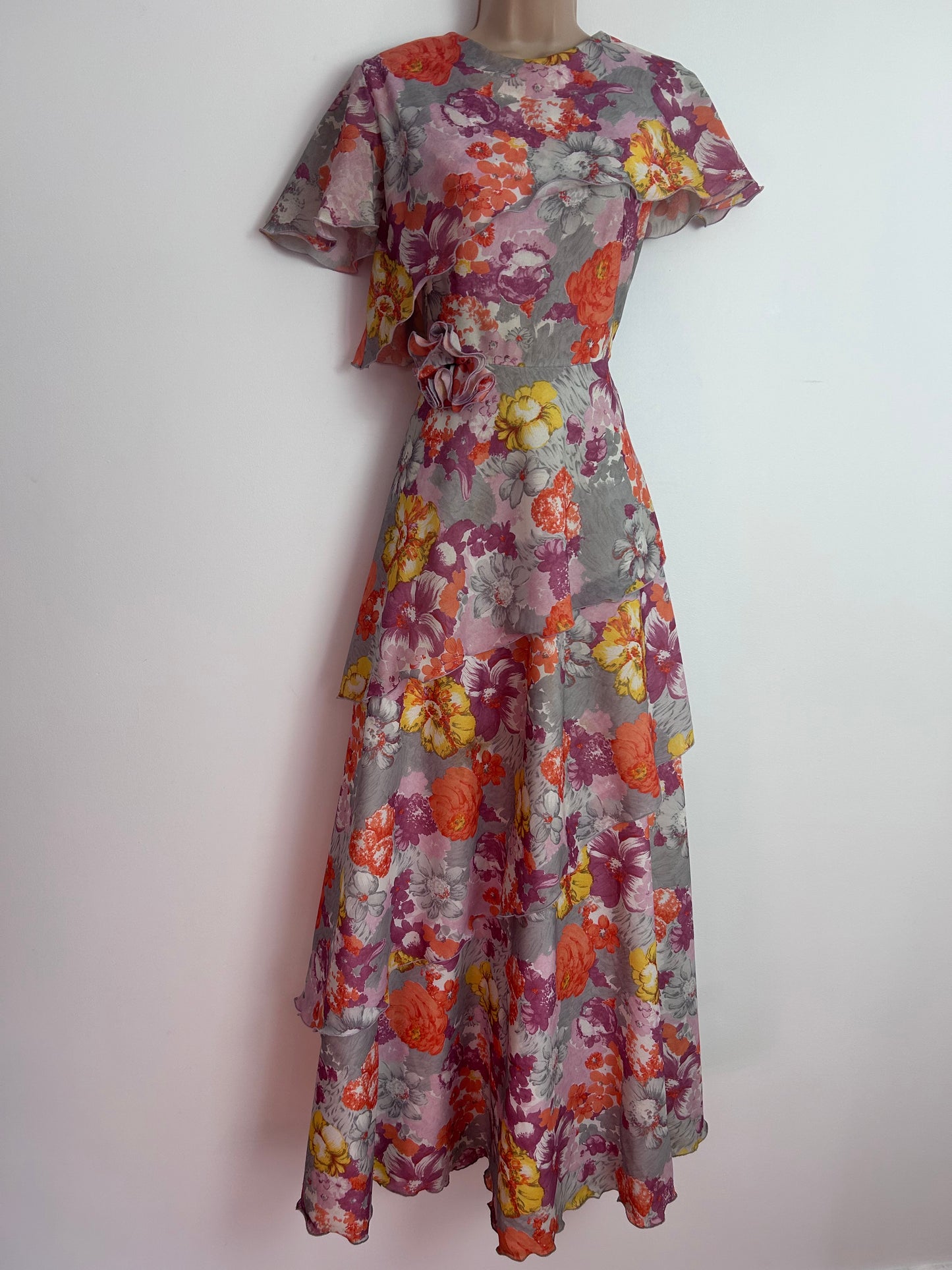 Vintage 1970s UK Size 10 Grey Orange & Plum Purple Floral Print Layered Boho Maxi Dress