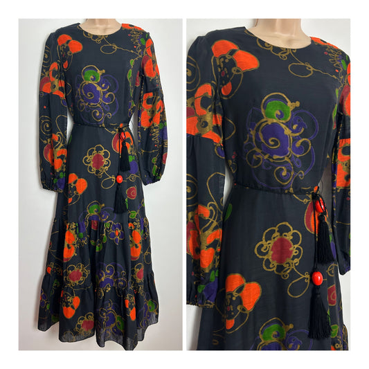 Vintage 1970s VERA MONT PARIS Size 8 Black Orange Purple & Gold Abstract Floral Print Belted Cotton Maxi Dress