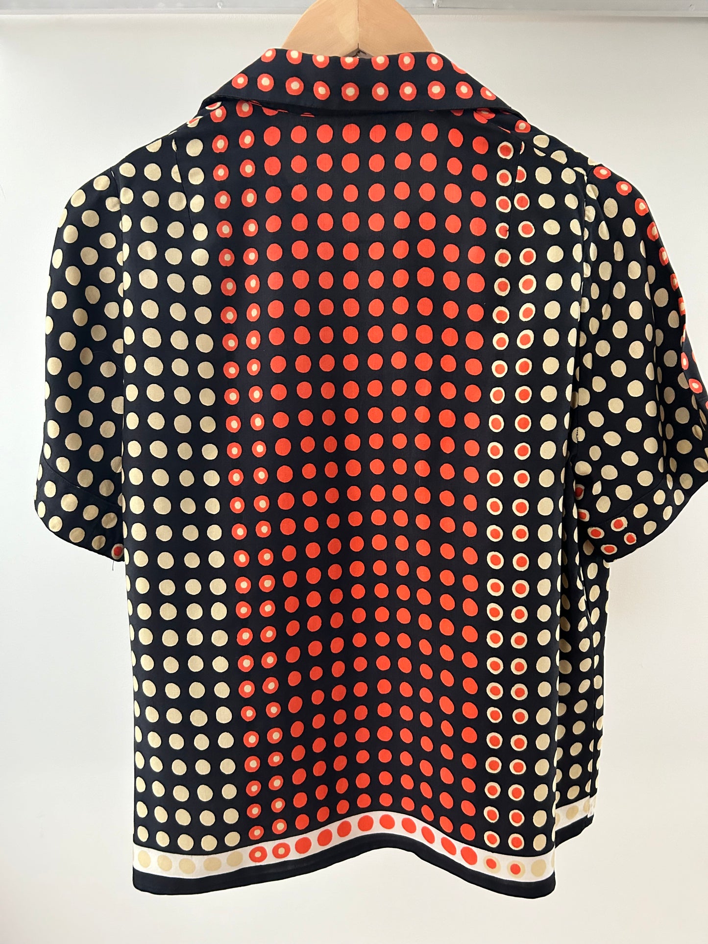 Vintage 1970s Approx UK Size 12-14 Black Red & Beige Spot Print Short Sleeve Silk? Blouse