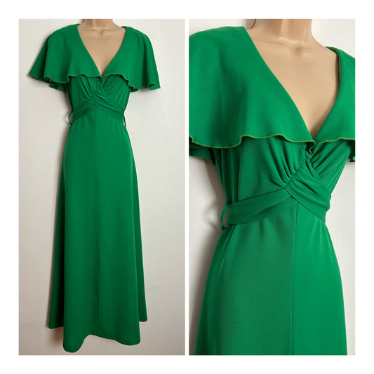 Vintage 1970s UK Size 8 Green Cape Sleeve Cross Over Tie Back Boho Maxi Dress