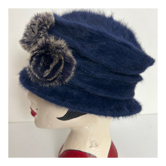 Vintage Navy Blue Super Soft Angora & Wool Mix Hat