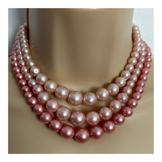 Vintage 1960s Pink Tones Plastic Bead Triple Strand Choker Necklace