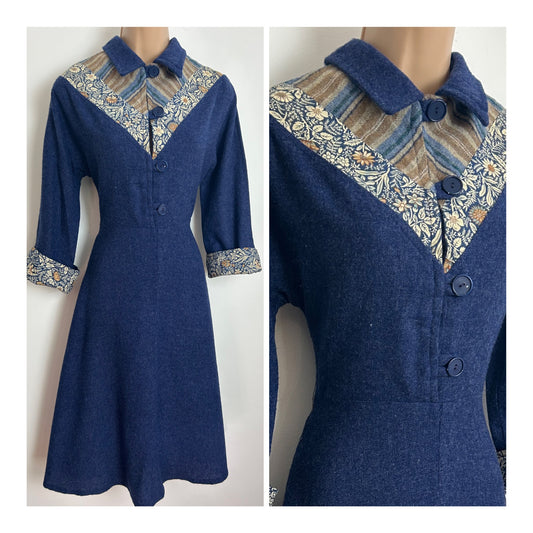 Vintage Late 1970s LOUIS CARING Size 8 Dark Blue & Beige Floral Print Contrast Short Sleeve Day Dress