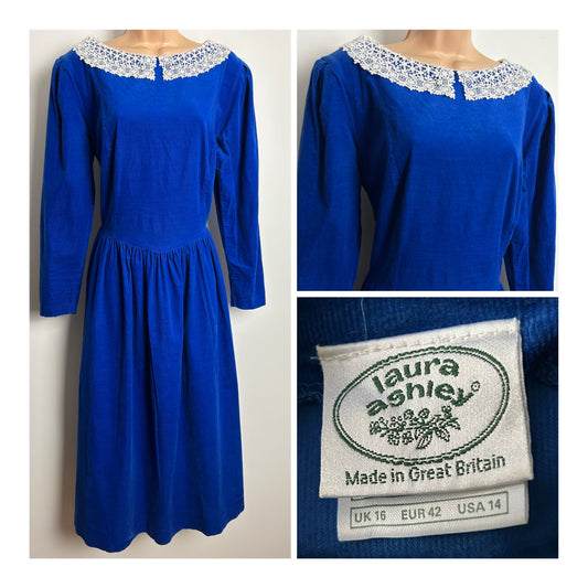 Vintage 1980s LAURA ASHLEY Size 16 Royal Blue Needlecord Lace Collar Midi Day Dress